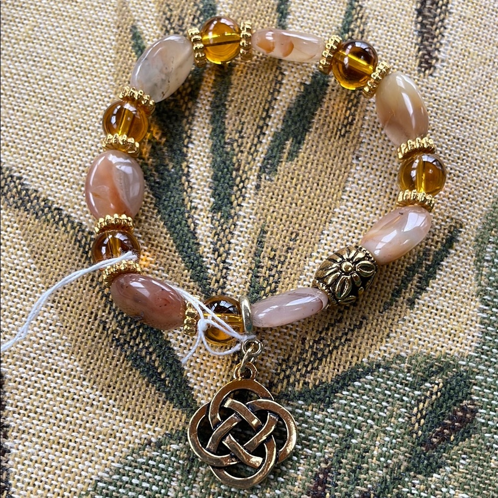 amber and Agate Beaded Bracelet with Celtic Charm